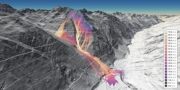 Teaser image: Rendered 2.5D terrain with avalanche simulation output as overlay, color encodes velocity.